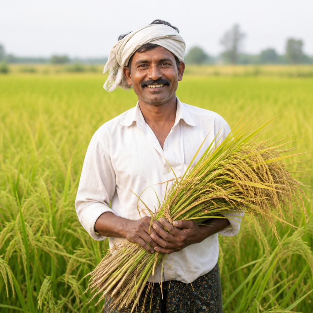Farmer standing in a green paddy field